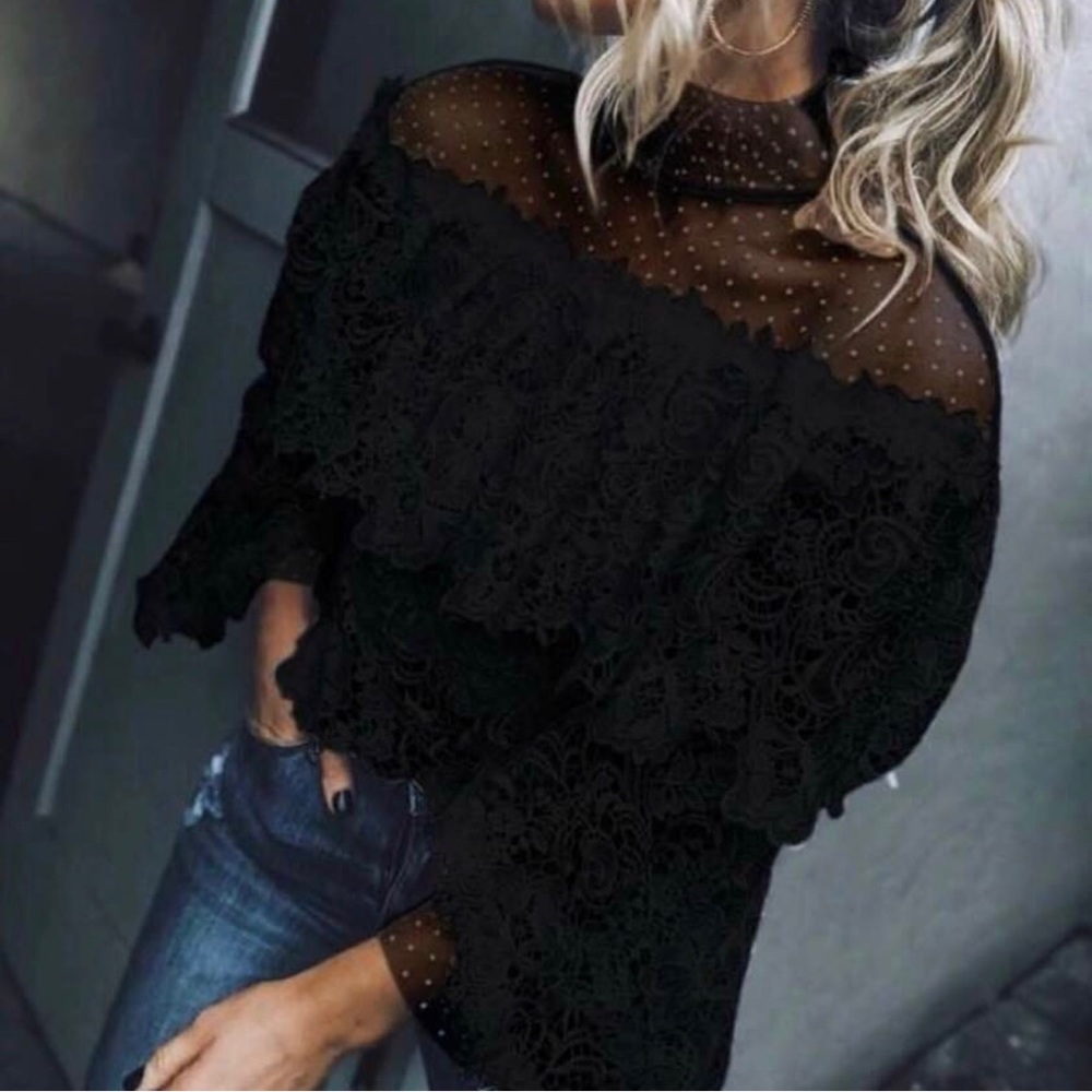 Brand new black boutique shop dressy lace blouse